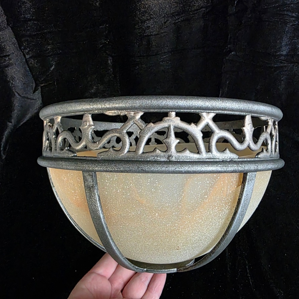 VTG Silver Metal Filigree Cage & Marbled Amber Glass Light Shade Pendant